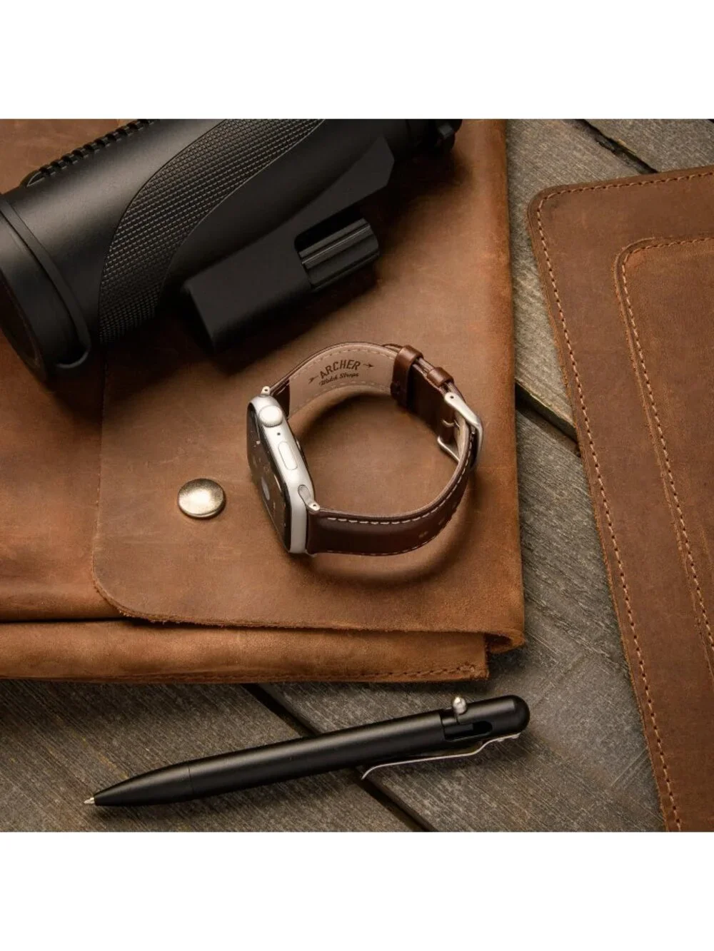 Men's Dark Chestnut/Natural Thread, Matte Silver Hardware Leather Straps Watch